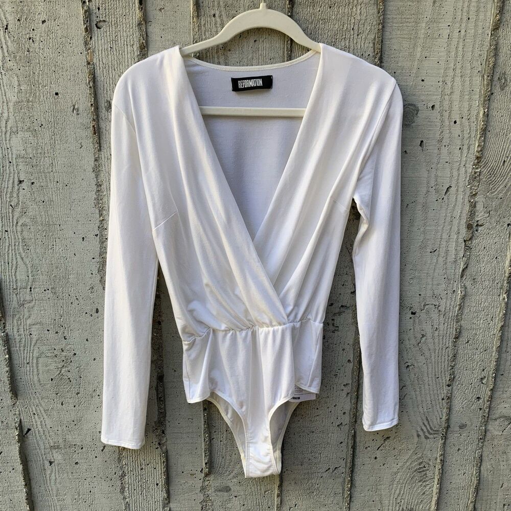 Reformation White Long Sleeve Bodysuit V-Neck Wrap Surplice Front Chic Classy XS